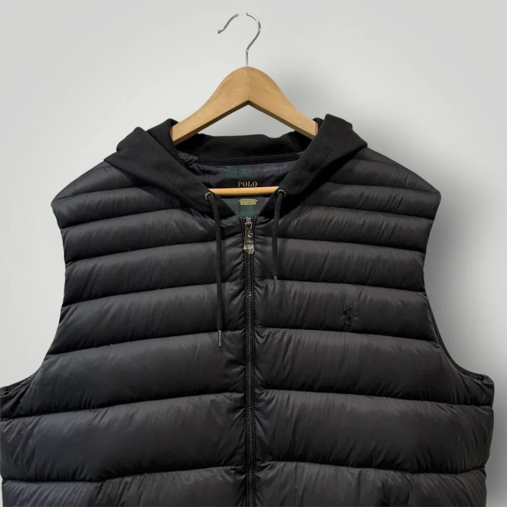 Polo Ralph Lauren Mens Black Hooded Quilted Hybrid Puffer Vest XXL Plaid Lining